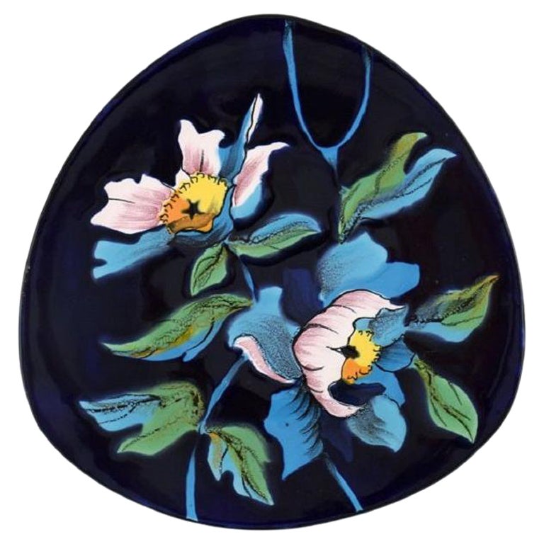 Longwy, France, Troubadour Dish in Glazed Ceramics with Hand-Painted Flowers For Sale