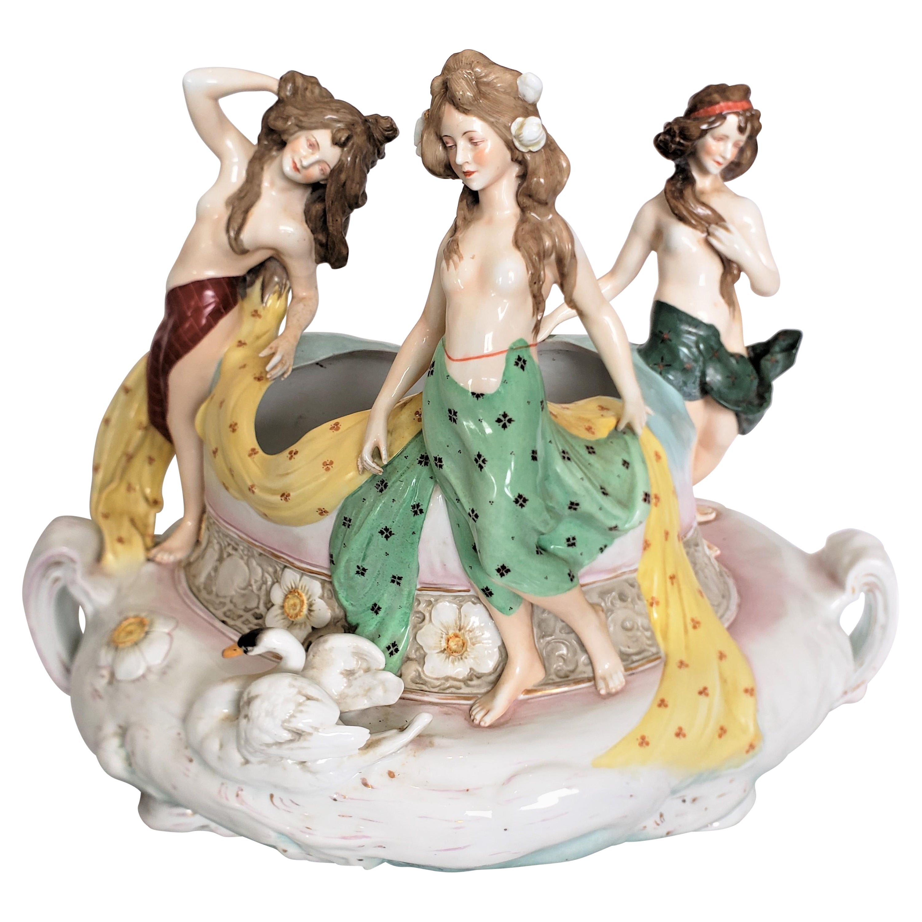 Large Antique Glazed Amphora Pottery Centerpiece with Three Semi-Nude Maidens For Sale