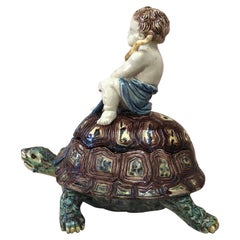 Rare French Majolica Palissy Turtle & Putti Box Thomas Sergent, circa 1880