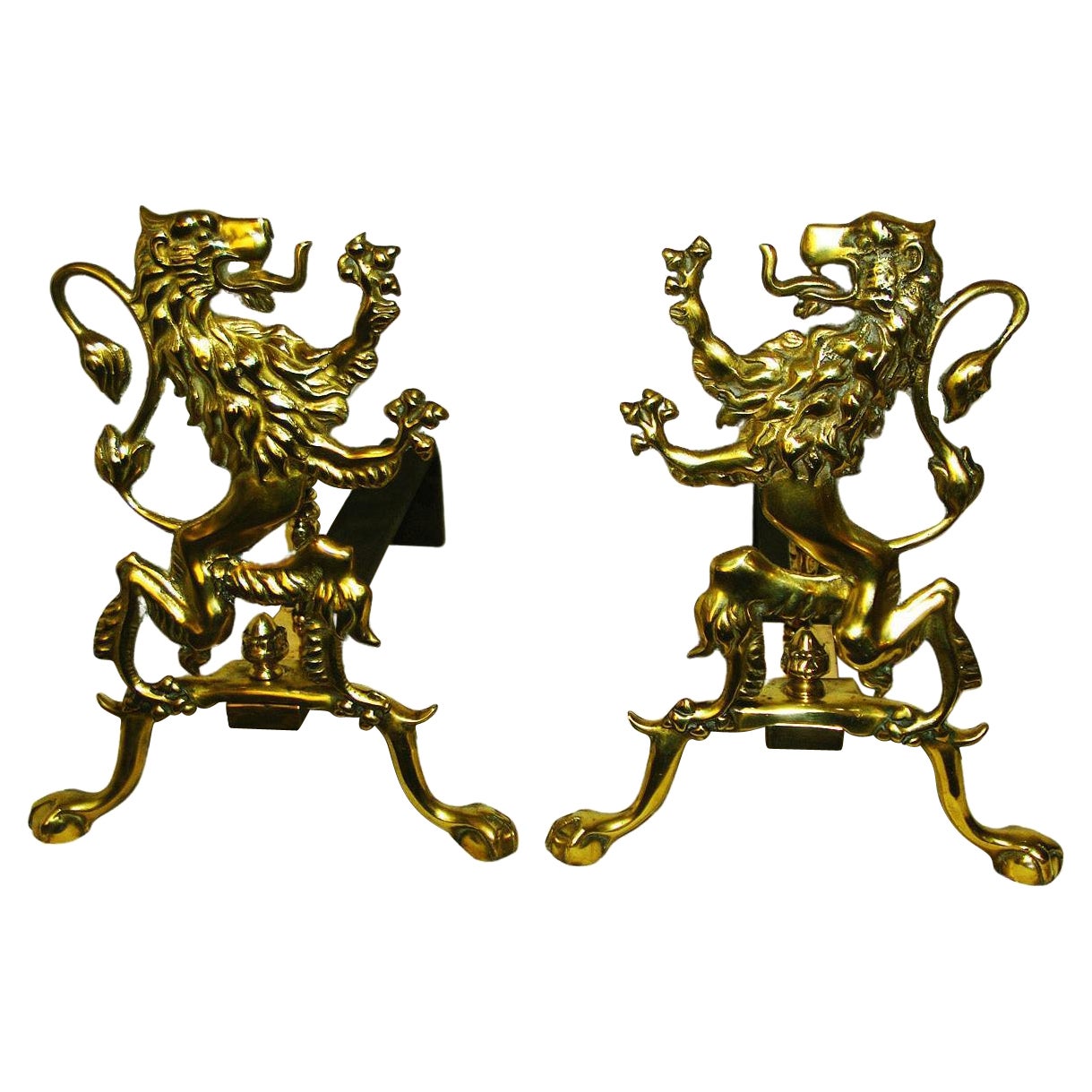English Mid 19th Century Cast Brass Rampant Lion Andirons with Iron Log Holders