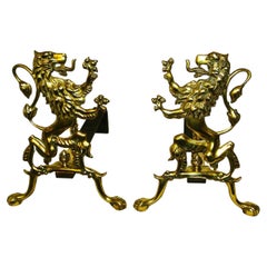 English Mid 19th Century Cast Brass Rampant Lion Andirons with Iron Log Holders