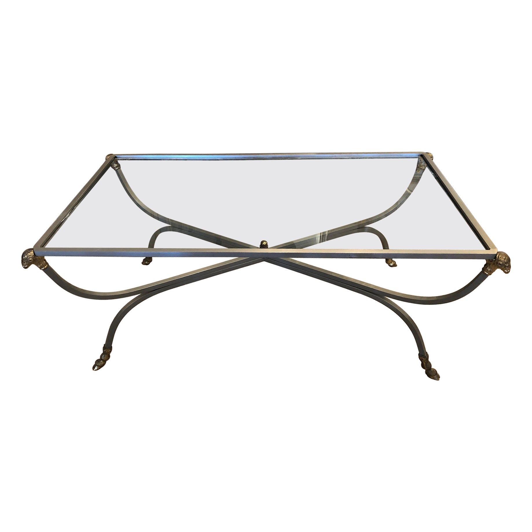  Vintage Maison Jansen Style Steel Brass and Glass Coffee Table