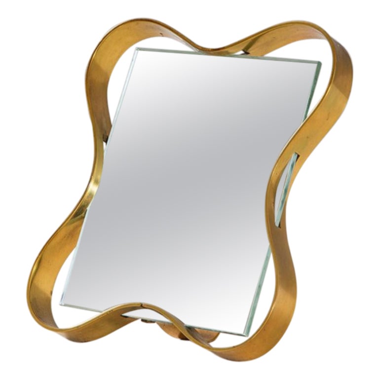 21st Century Small Standing Mirror, Brass Frame and Leather Insert