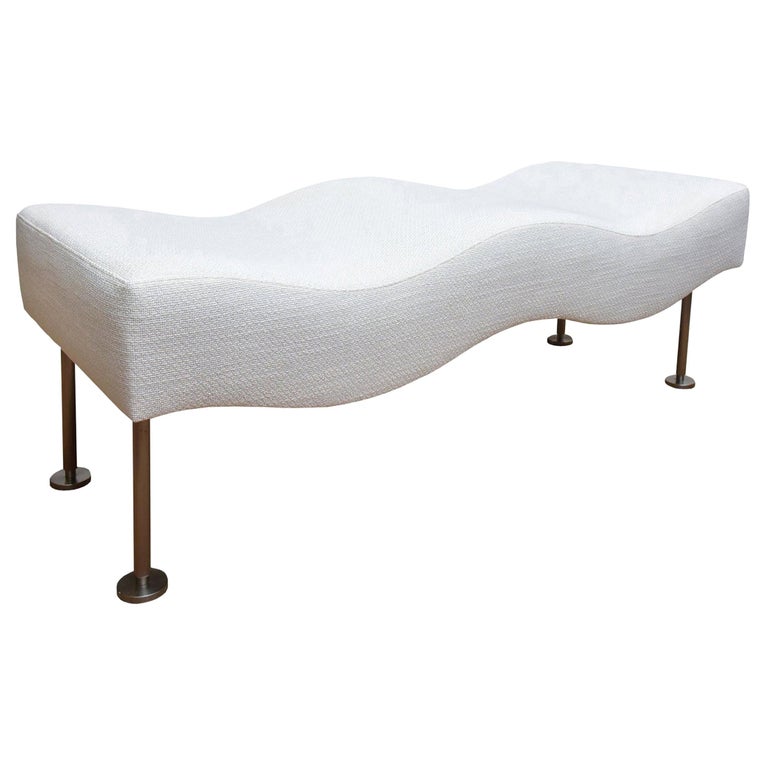 Brueton Vintage Undulatus Wave Chaise Bench with White Upholstery and Stainless