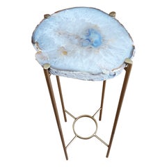 Organic Modern White with Blue Tan Center Geode Drink Table with Gold Gilt Base