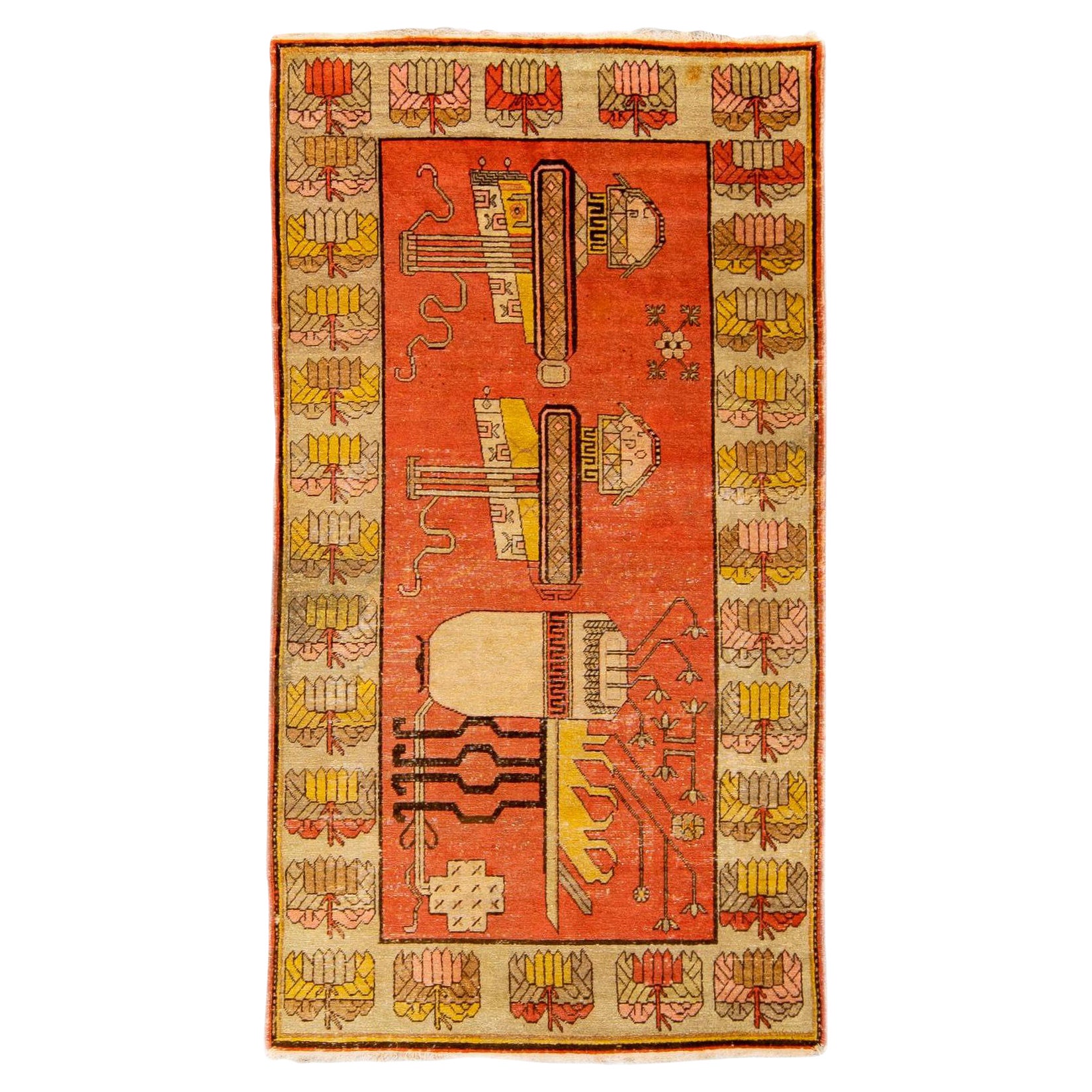 Orange Antique Samarkand Handmade Pictorial Motif Wool Rug For Sale