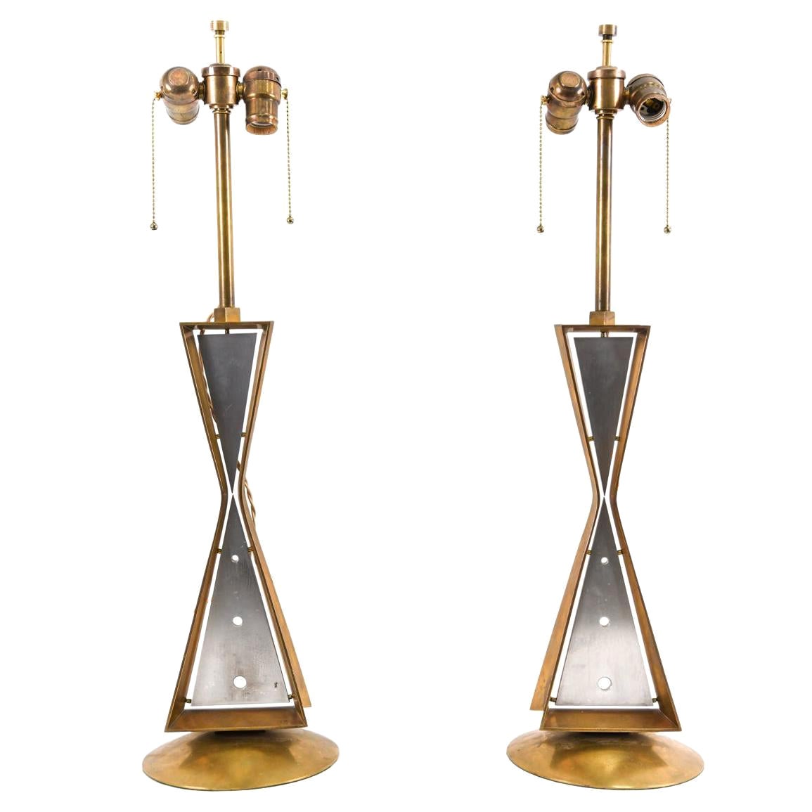 Pair of Mid-Century Brass & Aluminum Hourglass Table Lamps For Sale