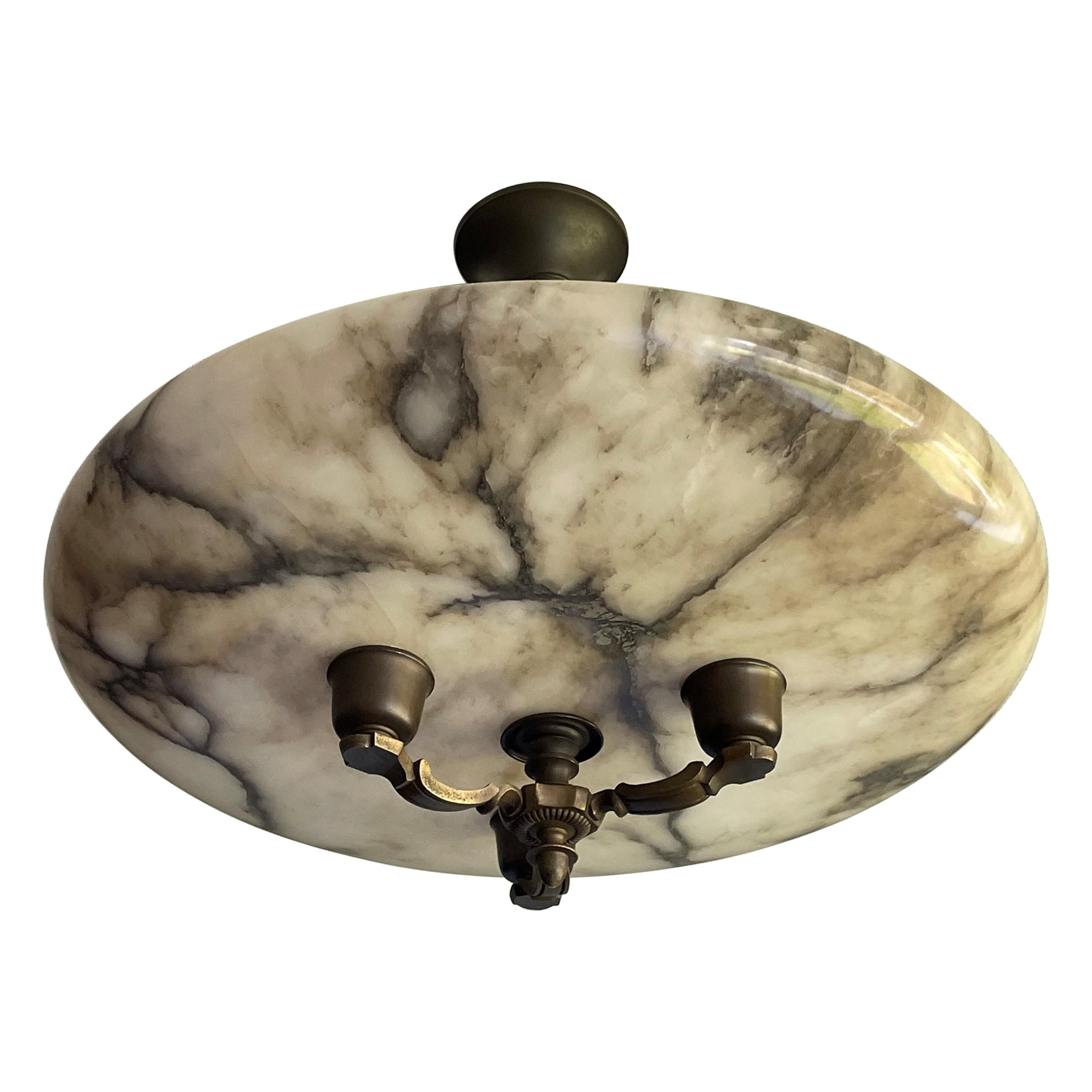 Antique Extra Large Flush Mount / Pendant w. Stunning Alabaster Dish Shade