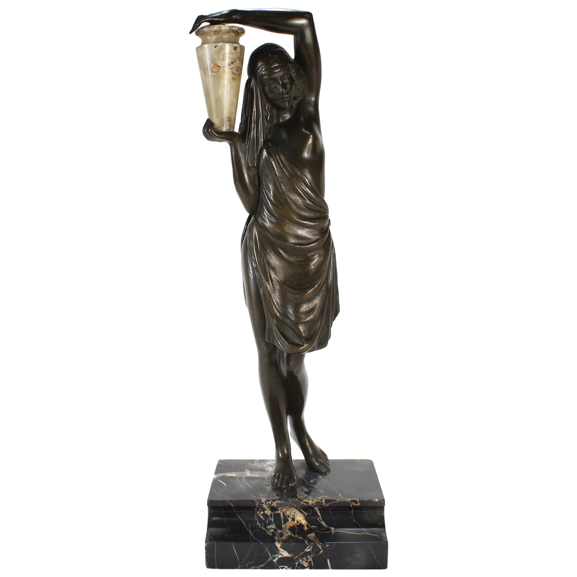 Andreé Guerval French Art Deco Bronze & Onyx Sculpture of Chysis / Woman & Urn For Sale