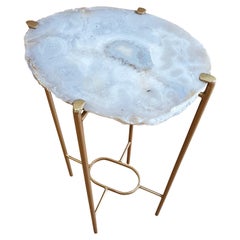 Organic Modern White with Tan Gray Center Geode Drink Table with Gold Gilt Base