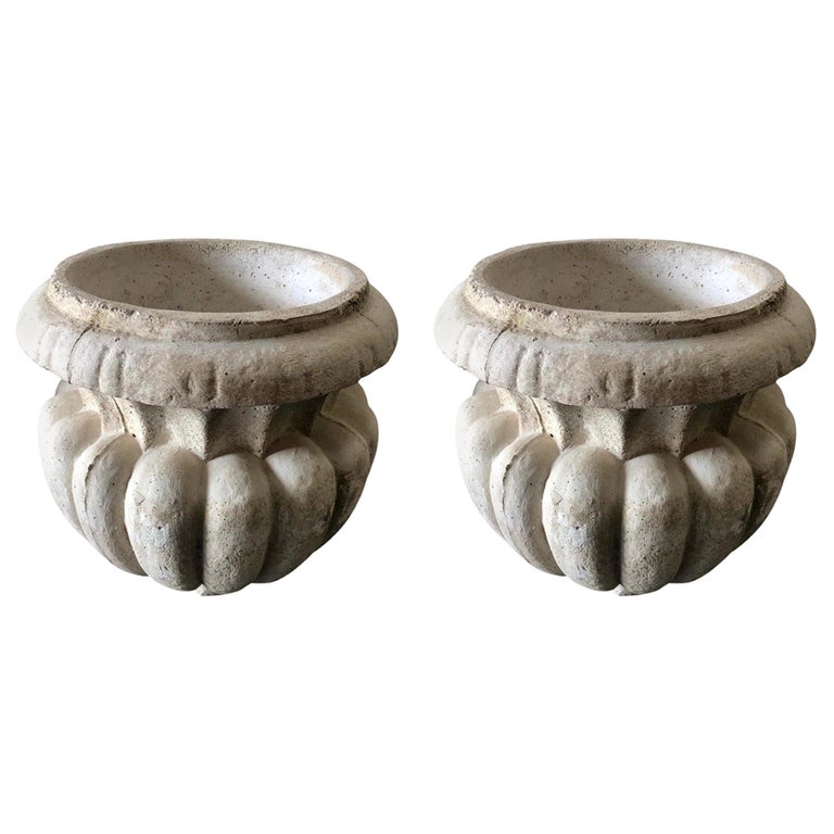 Classic Pair of Large Cast Stone Garden Urns For Sale