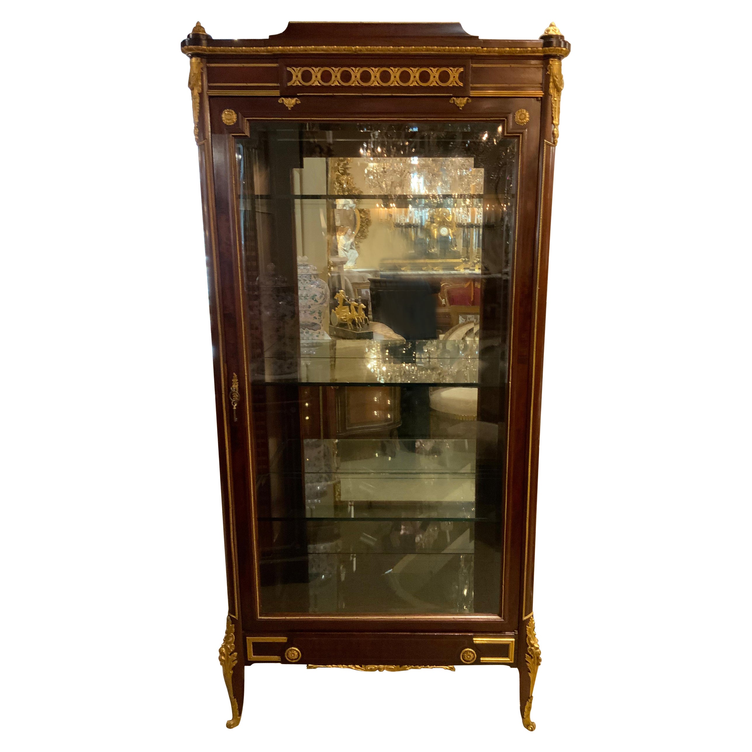 French Louis XV-Style Display Cabinet Vitrine, Mahogany, Bronze Dore Mounts For Sale