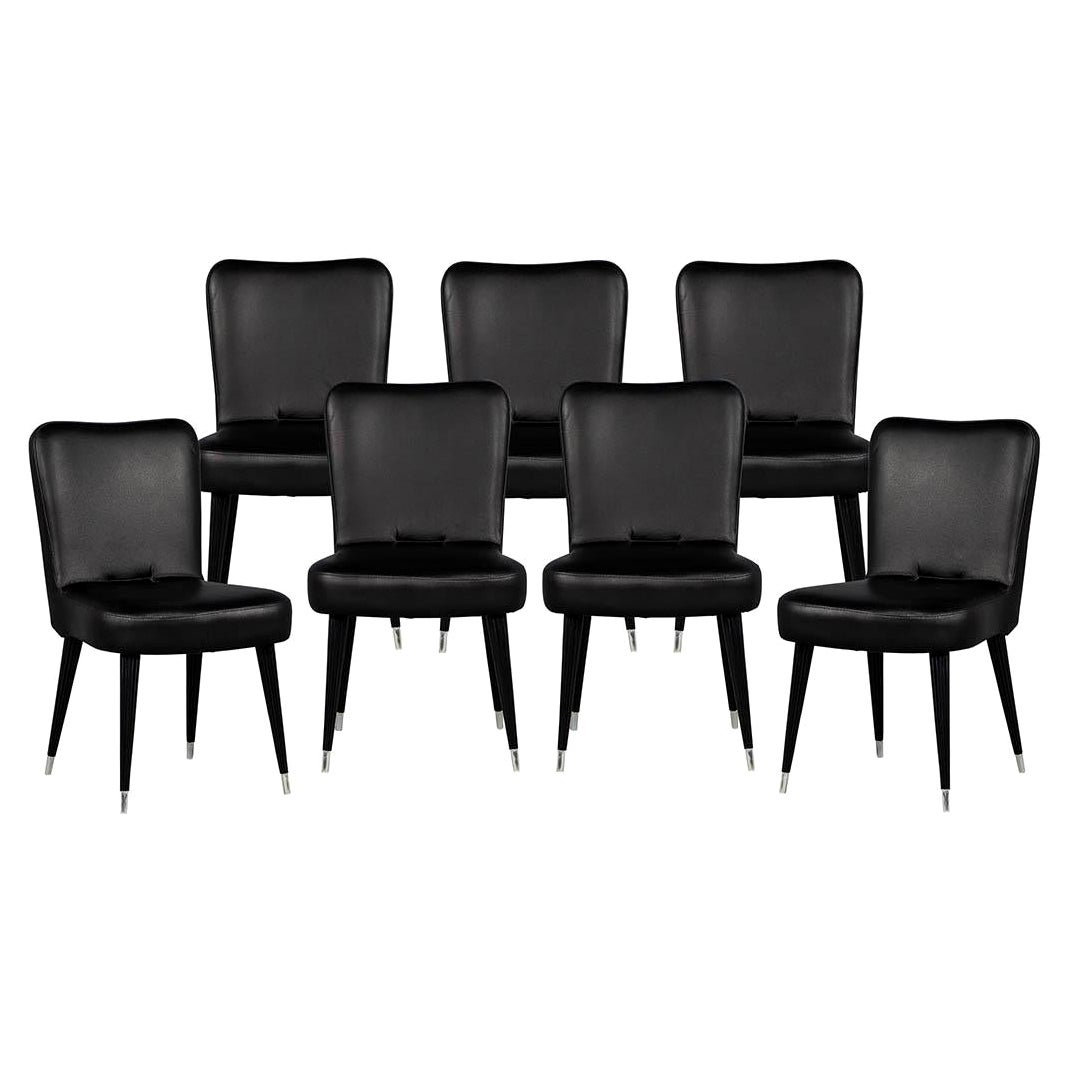 Set of 7 French Art Deco Dining Chairs in Black Leather