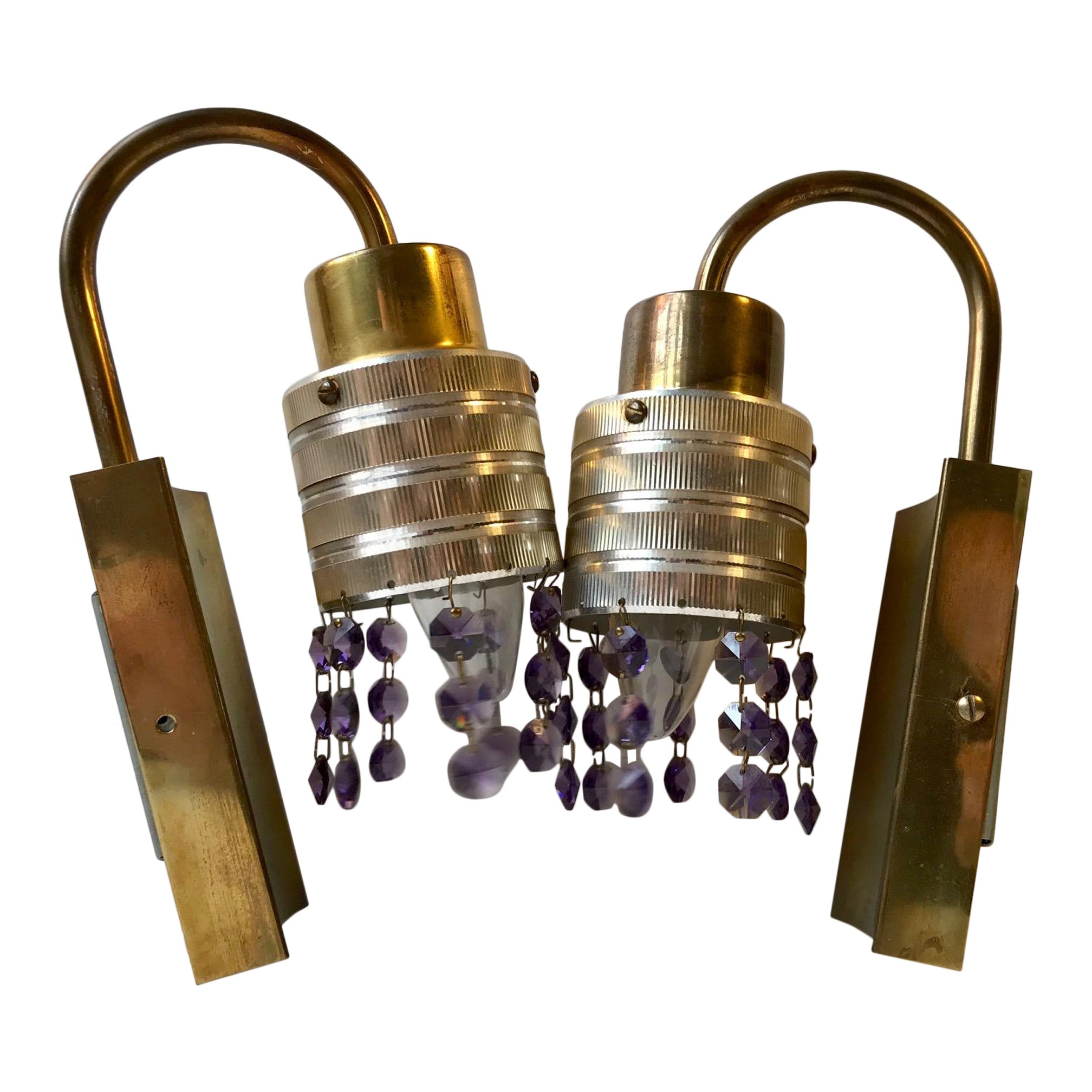 Scandinavian Modern Swag Prism Wall Sconces in Brass and Purple Crystal, 1960s For Sale