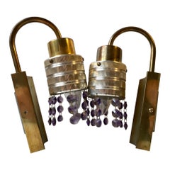 Scandinavian Modern Swag Prism Wall Sconces in Brass and Purple Crystal, 1960s