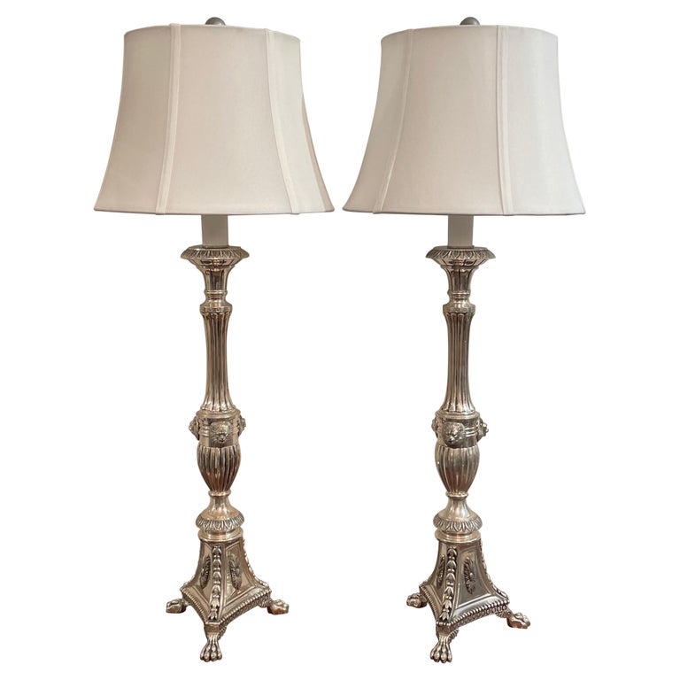 Vintage Pair of Neoclassical Silver Plate Candlestick Lamps at 1stDibs