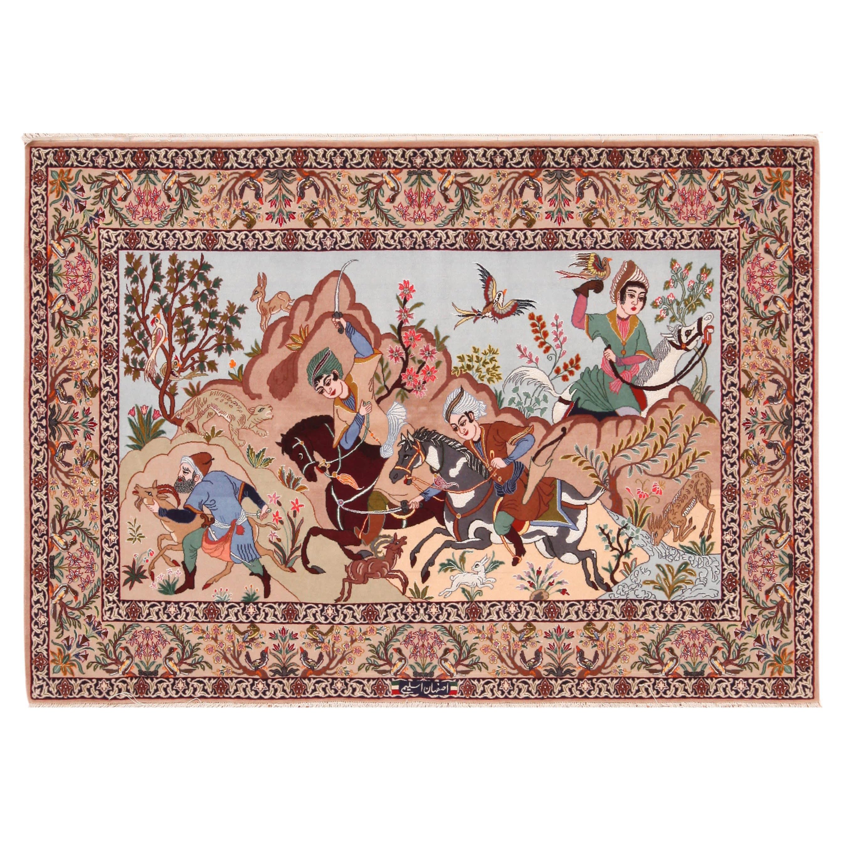 Vintage Persian Isfahan Hunting Scene Rug. Size: 3 ft 9 in x 5 ft 3 in