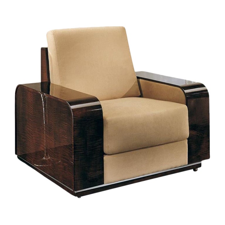 Giorgio Italian Art Deco Style Arm Chair Curly Sycamore High Gloss Finish