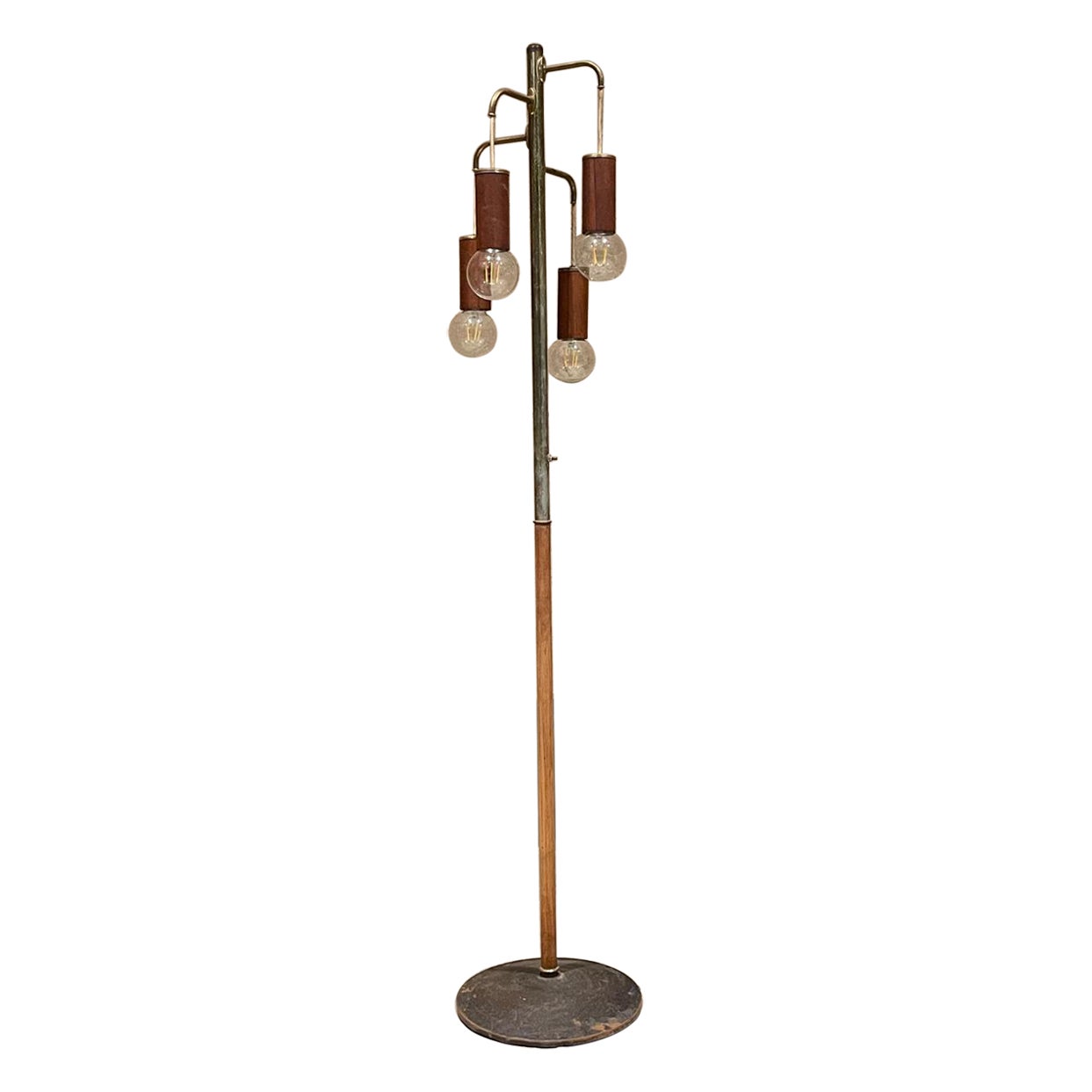 Excello Industrial Modern Metal Floor Lamp Wood Wrap 4 Exposed Bulbs Mexico 60s For Sale