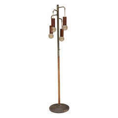 Vintage Excello Industrial Modern Metal Floor Lamp Wood Wrap 4 Exposed Bulbs Mexico 60s