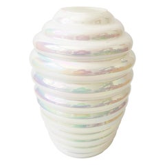 Large Ribbed White Iridescent Hand Blown Cambridge Glass Vase