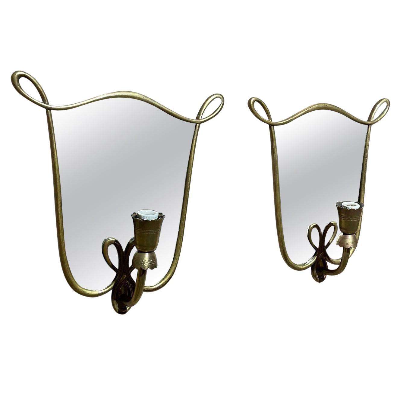  1950s Antique Mirror and Bronze Wall Sconces Style of Gio Ponti Italy