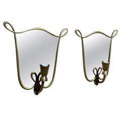 Pretty Pair Antique Mirror Bronze Wall Sconces in Style of Gio Ponti 1950s Italy