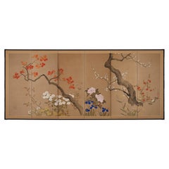 19th Century Japanese Rinpa Screen, Flowers of the Four Seasons by Suzuki Kiitsu