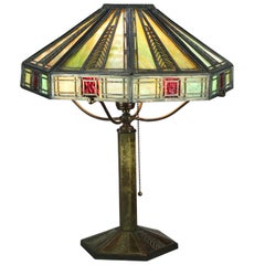 Antique Arts & Crafts Bradley & Hubbard Two-Tone Slag Glass Lamp c1920