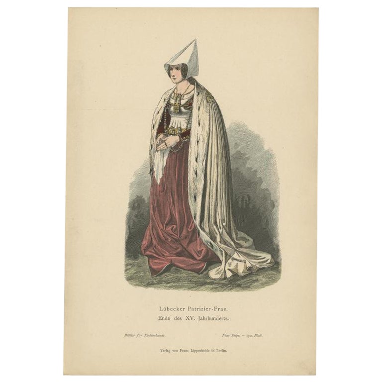 Antique Costume Print of a Patrician Woman from Lübeck, Germany, c.1880 For Sale