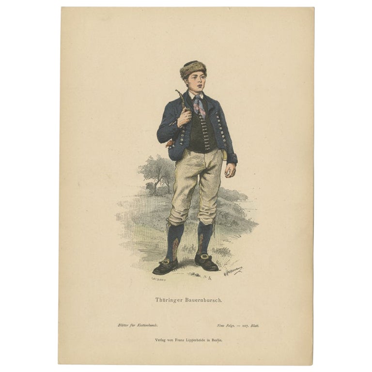 Antique Costume Print of a Peasant Boy from Thuringia in Germany, c.1880