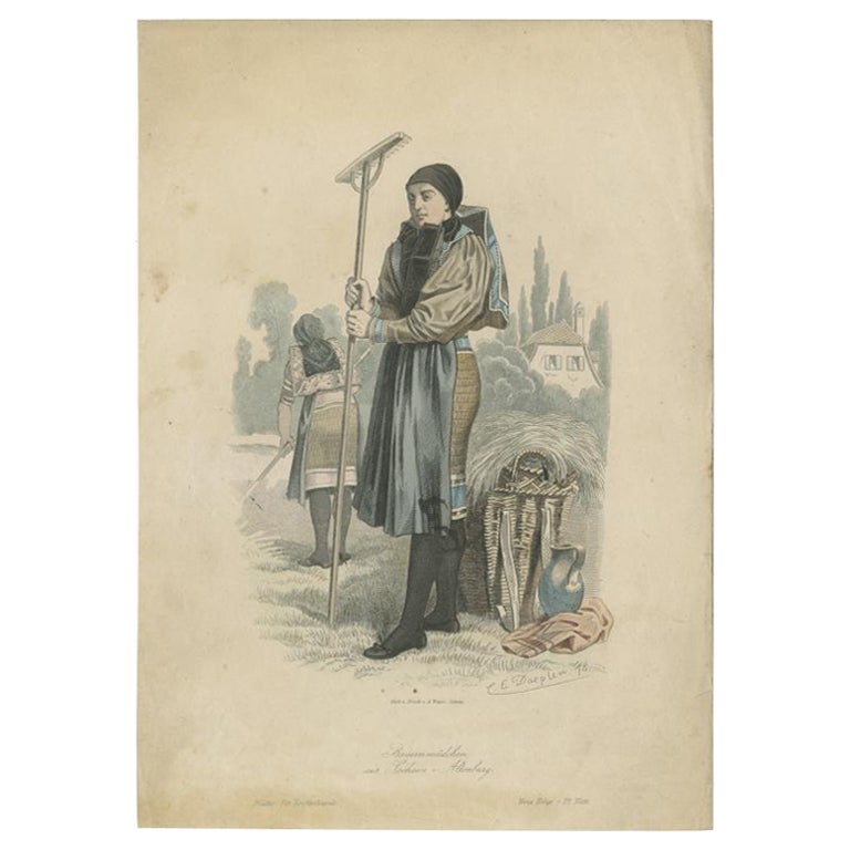 Antiker Kostümdruck eines bäuerlichen Mädchens aus Sachsen- Altenburg, Deutschland, ca. 1876 im Angebot