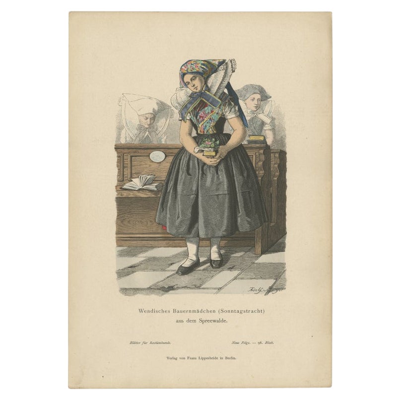 Antique Costume Print of a Peasant Girl from Spreewald in Germany, c.1880 For Sale