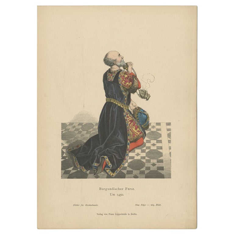 Antique Costume Print of a Prince from Burgundy by Lipperheide, c.1880 For Sale