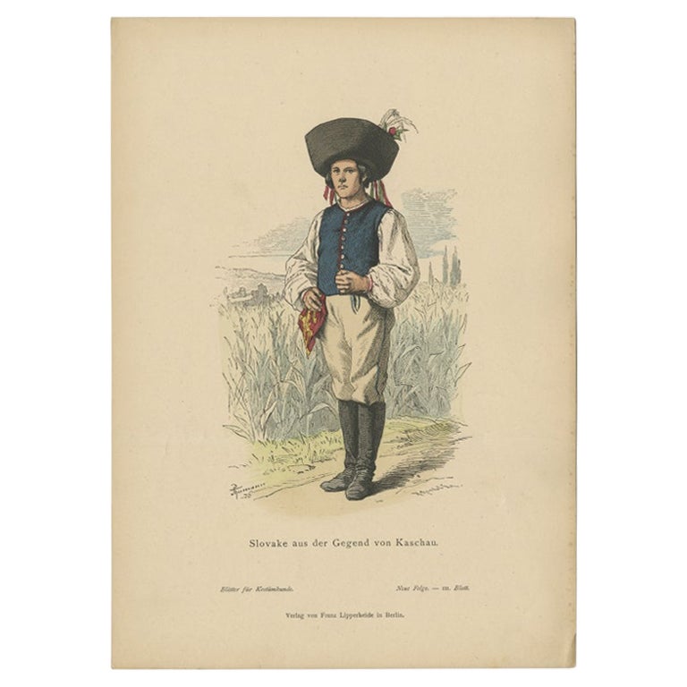 Antique Costume Print of a Slovake from the Region of Košice, ca 1880 For Sale