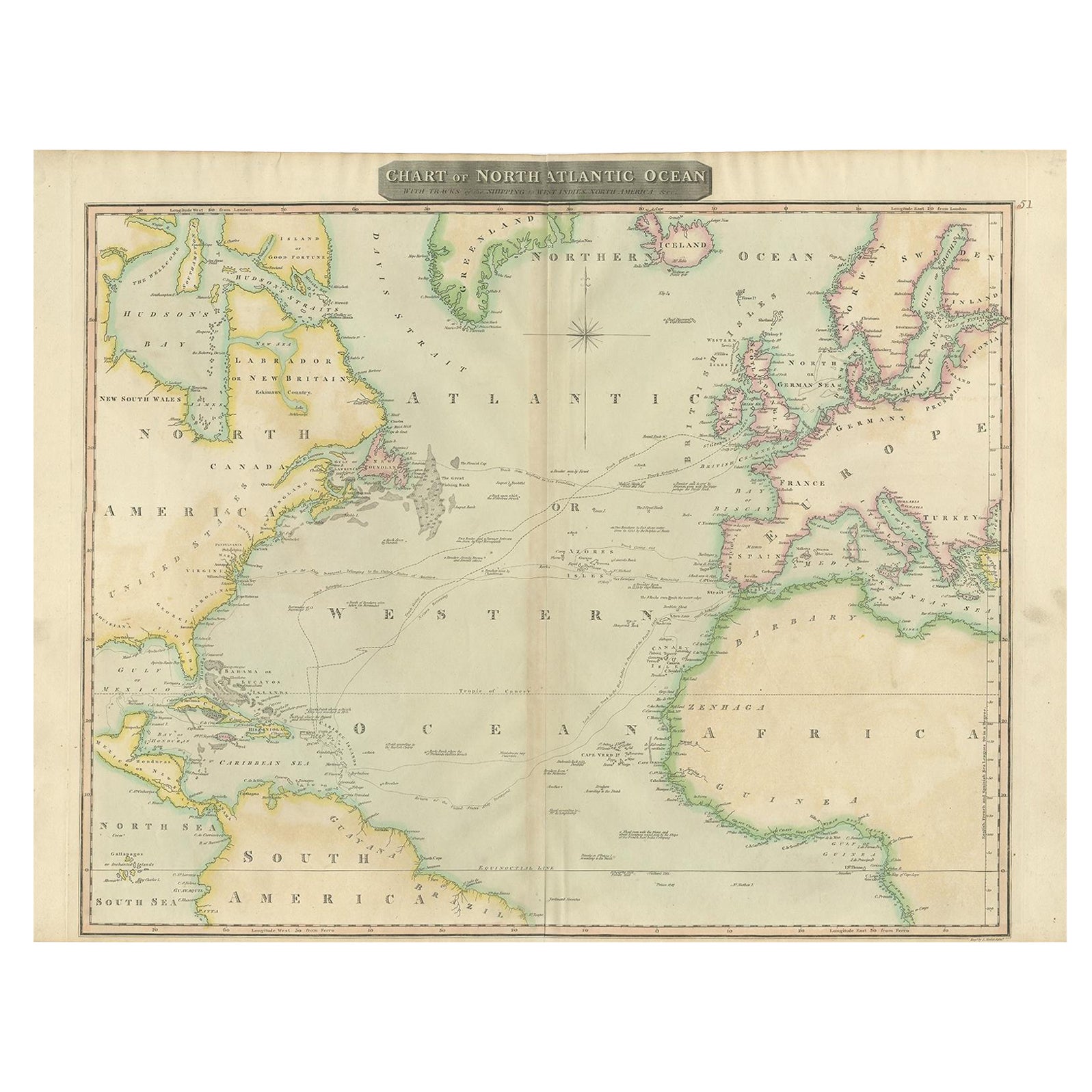 Intéressante carte de l'Atlantic montrant les routes de Nelson et du commerce, 1817