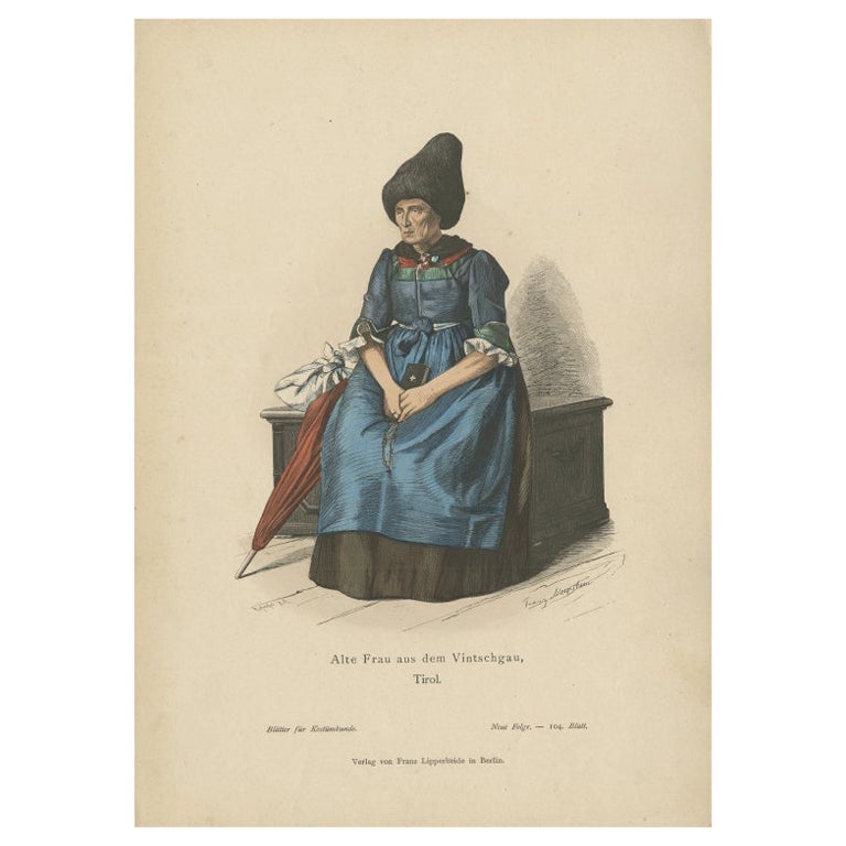 Impression de costume ancien d'une femme de Vinschgau 'Tyrol' vers 1880