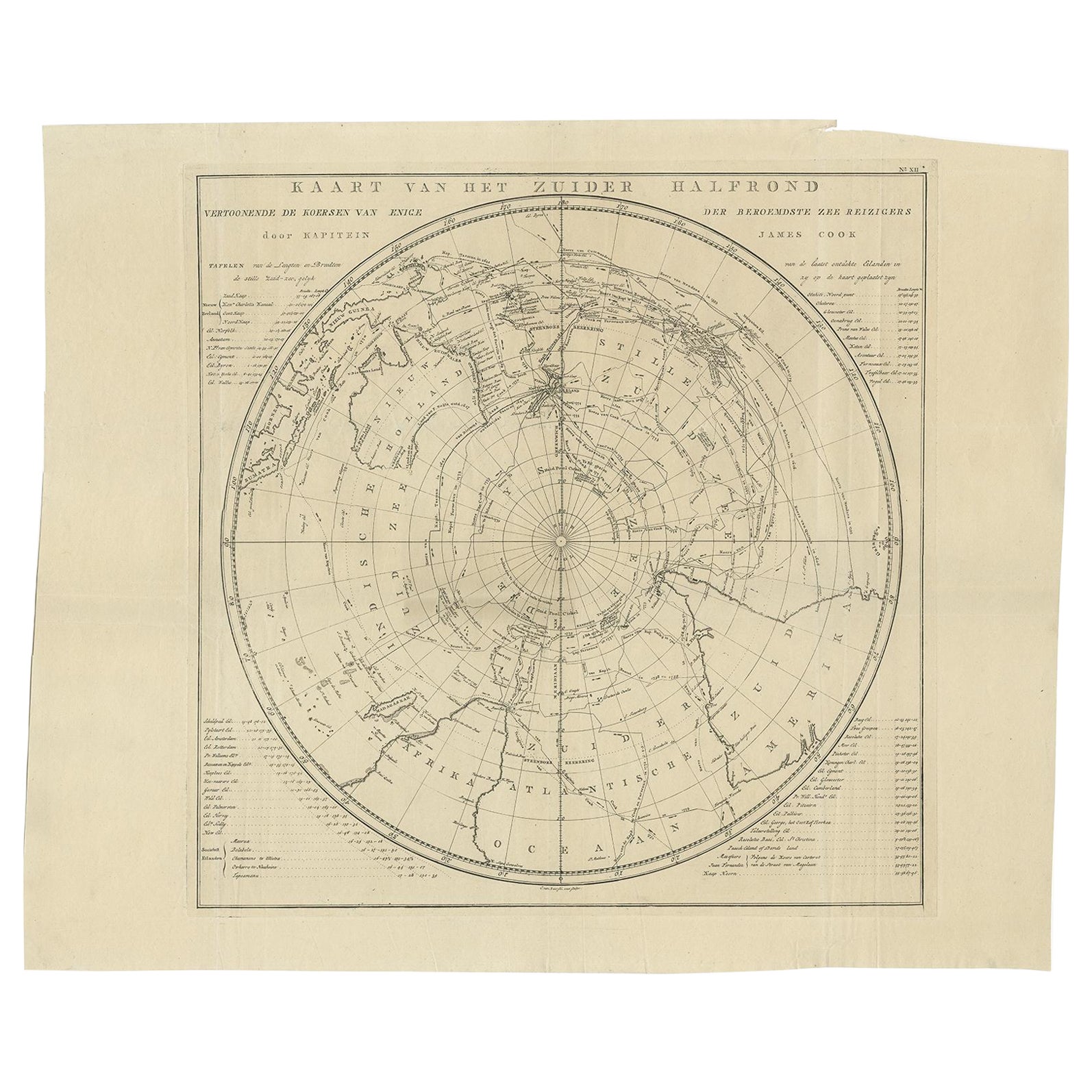 Antike Karte des Südmastes mit drei Routen von Kapitän Cook, 1803