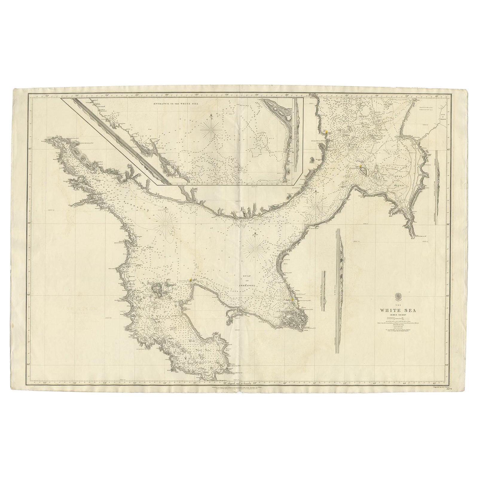 Large Antique Chart of The White Sea, Russa 1854