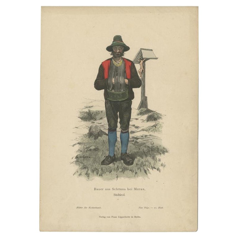 Antique Costume Print of a Farmer from Schenna 'South Tyrol', Italy, ca.1880 For Sale