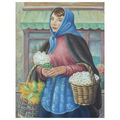 French 20th Century Folk Art Painting Portrait of a Young Woman 