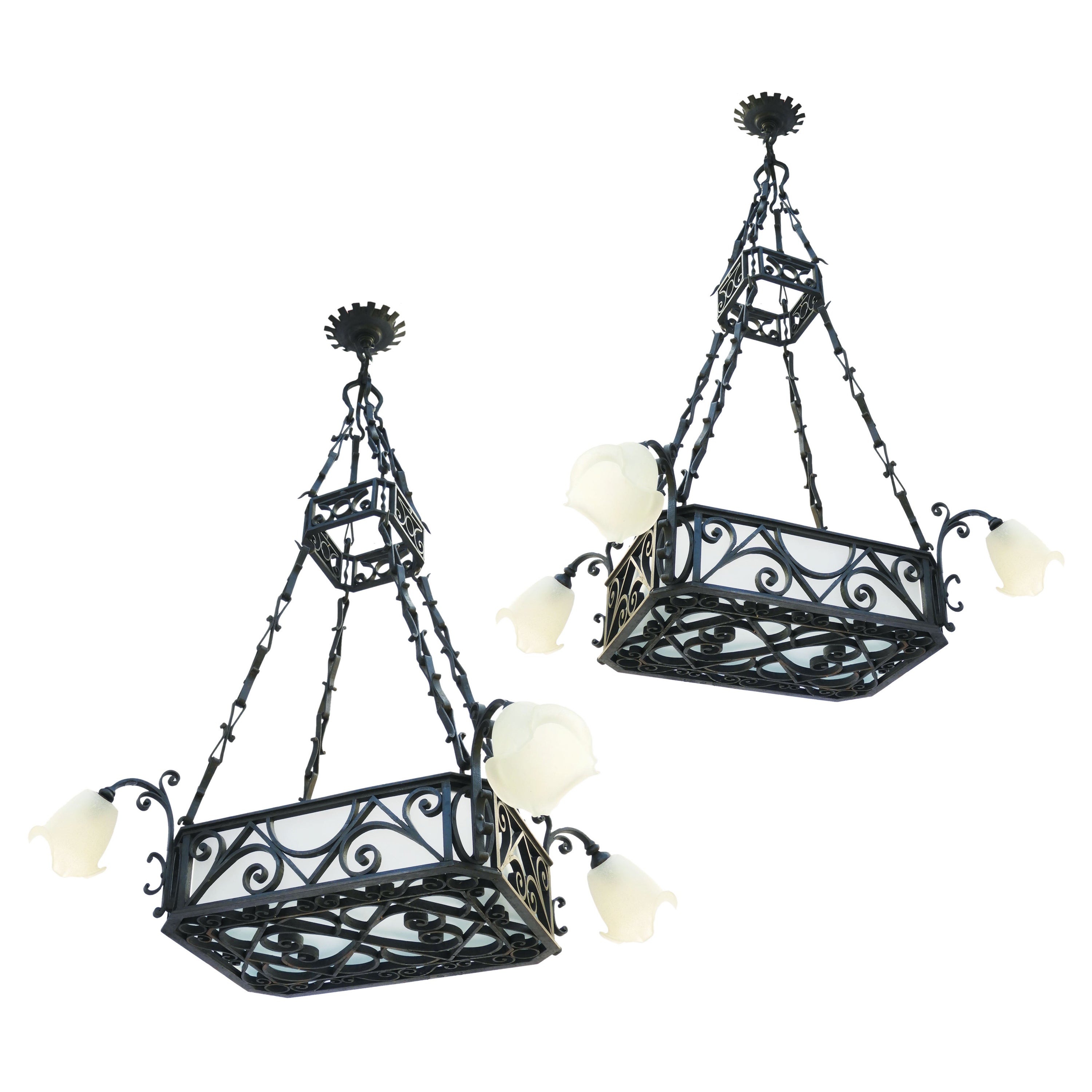 Pair of Antique Wrought Iron 8-Light Chandeliers C1900 French Belle Époque For Sale