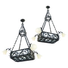 Pair of Antique Wrought Iron 8-Light Chandeliers C1900 French Belle Époque