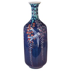 Japanese Contemporary Red Blue Hand-Painted Porcelain Vase by Master Artist