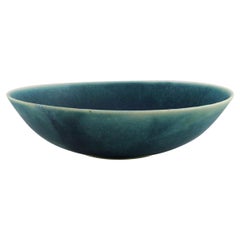 Large Saxbo Bowl in Glazed Ceramics, Beautiful Turquoise Glaze, Mid-20th C