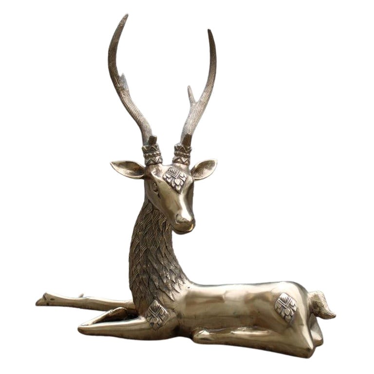Italian Deer Sculpture in Solid Brass Design 1950 Gold Color For Sale