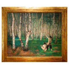Landscape Painting Oil on Canvas Austrian Art Karl Mediz The Birch Forest, 1894
