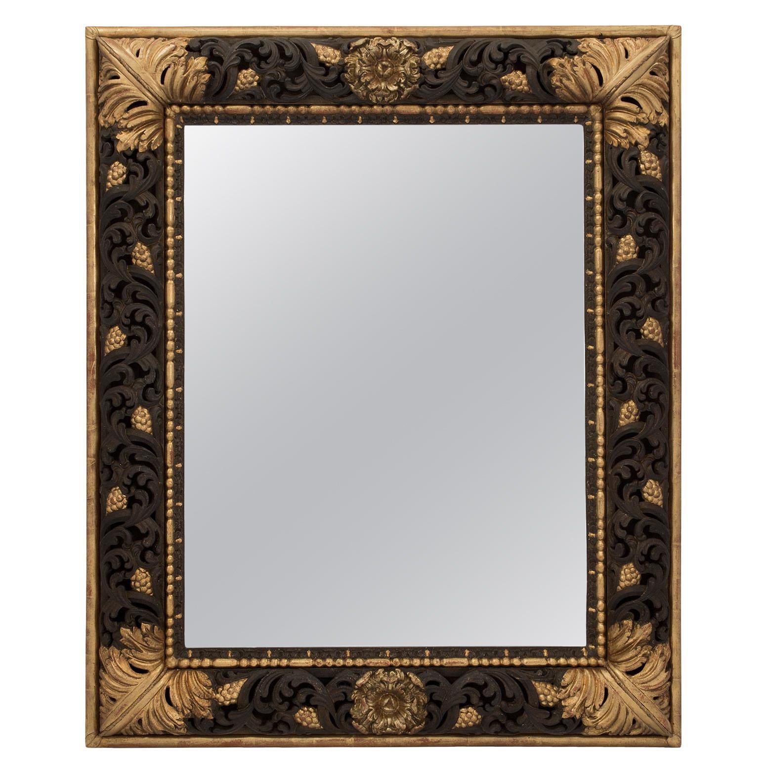 Miroir rectangulaire baroque italien du 19ème siècle de style polychrome et doré
