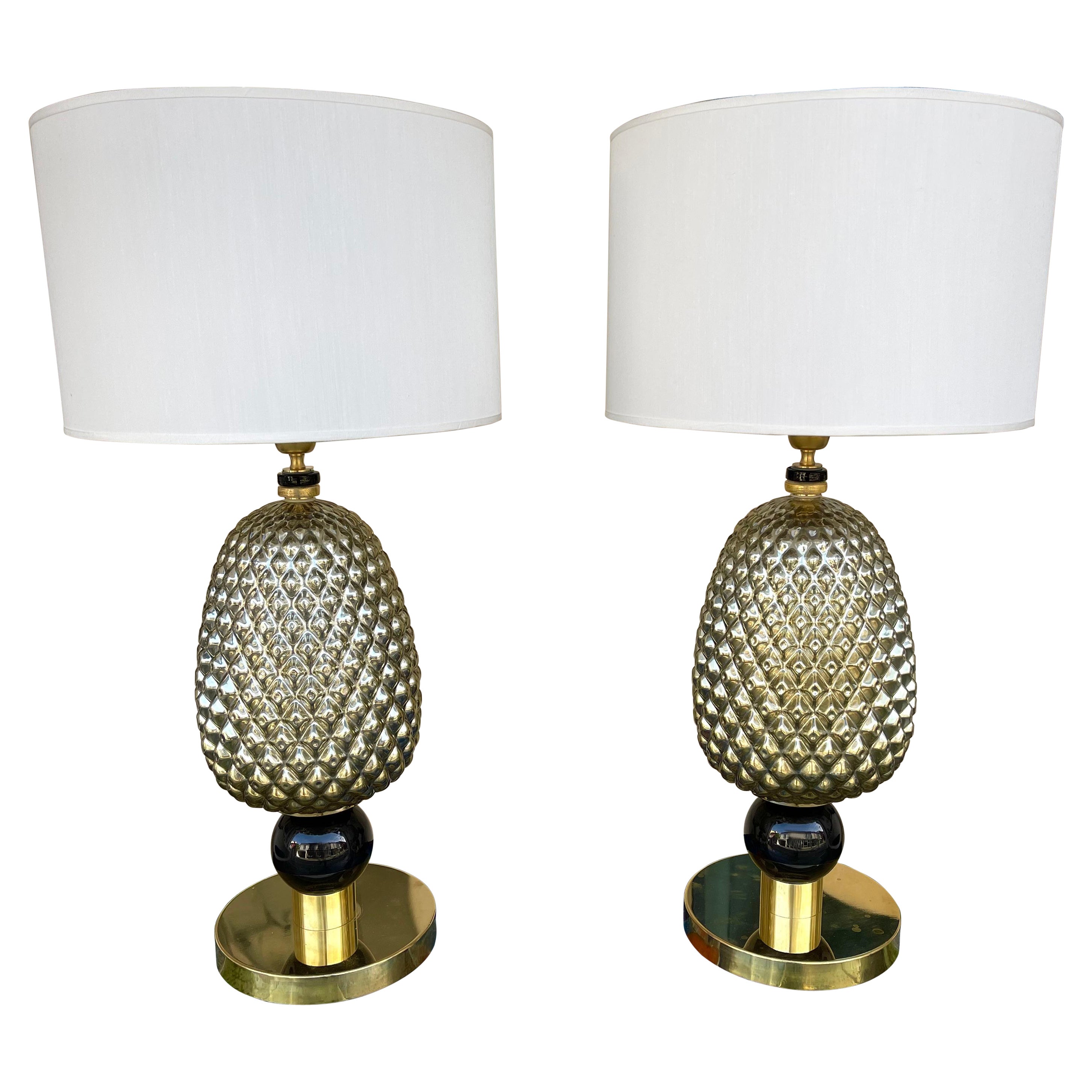 Contemporary Pair of Silver Gold Pineapple Murano Glass and Brass Lamps, Italy