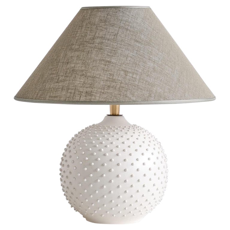 French Modern Sphere Table Lamp in White Textured Ceramic, 1950s For Sale